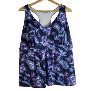 Lands' End Tankini Swim Top Blue SZ 24W Racerback Shelf Bra Paisley Flutter Hem